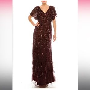 ADRIANNA PAPELL DARK BURGUNDY EMBELLISHED V-NECK LONG EVENING DRESS